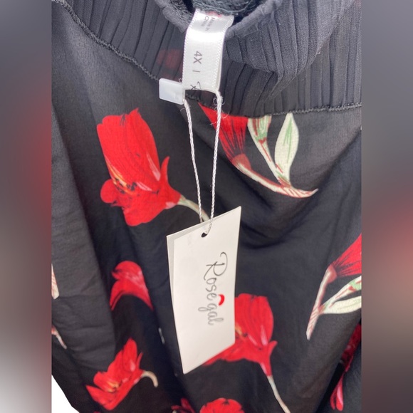 Women’s Plus Size Summer Top w Tie Cold Shoulders & Lace Black Red Floral 4X - Picture 10 of 11